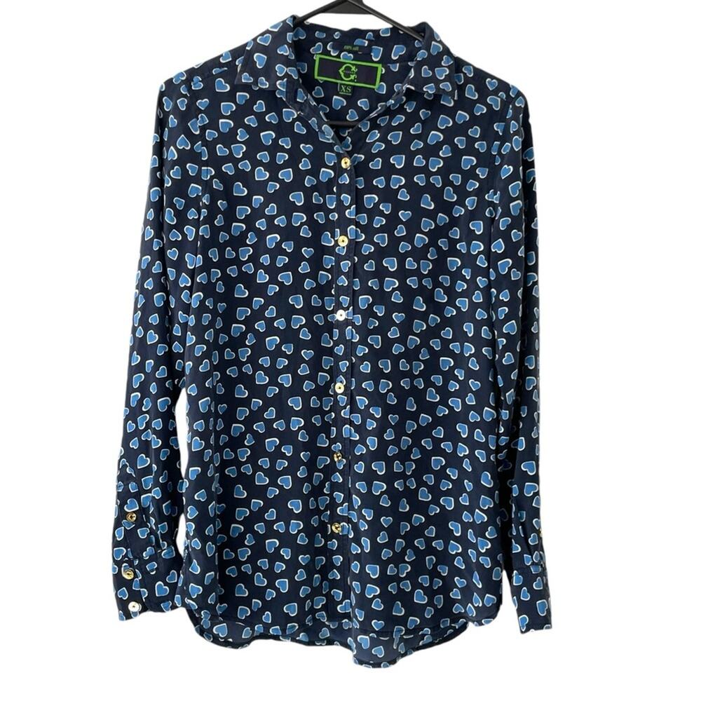 C. Wonder Button-Down Silk Blouse | XS | Navy Blue Heart Print